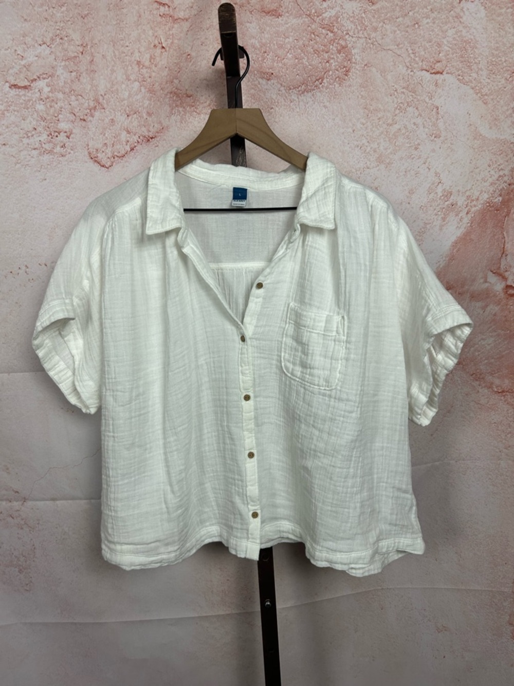 OLD NAVY white gauze boxy top size large lagenlook beach button down boho
